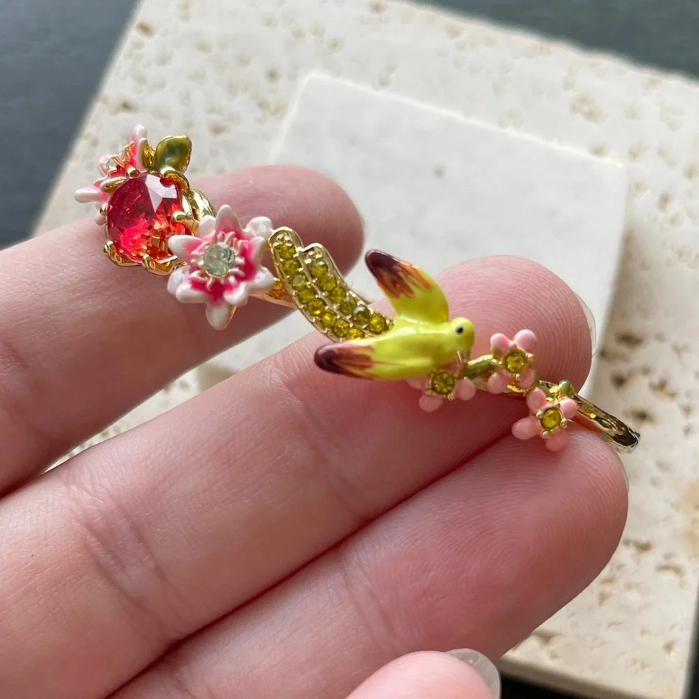 Les Nereides Gold Pink Bird Bracelet Floral Statement Jewelry
